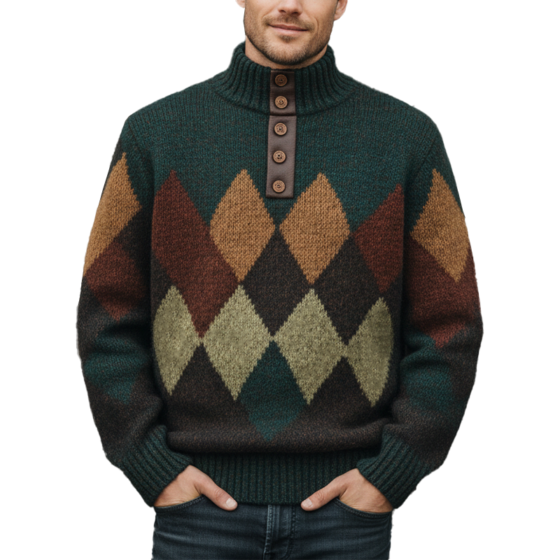 Men's Winter Fashion Diamond Pattern Cotton Yarn Knitted Turtleneck Sweater MTA1043J8P