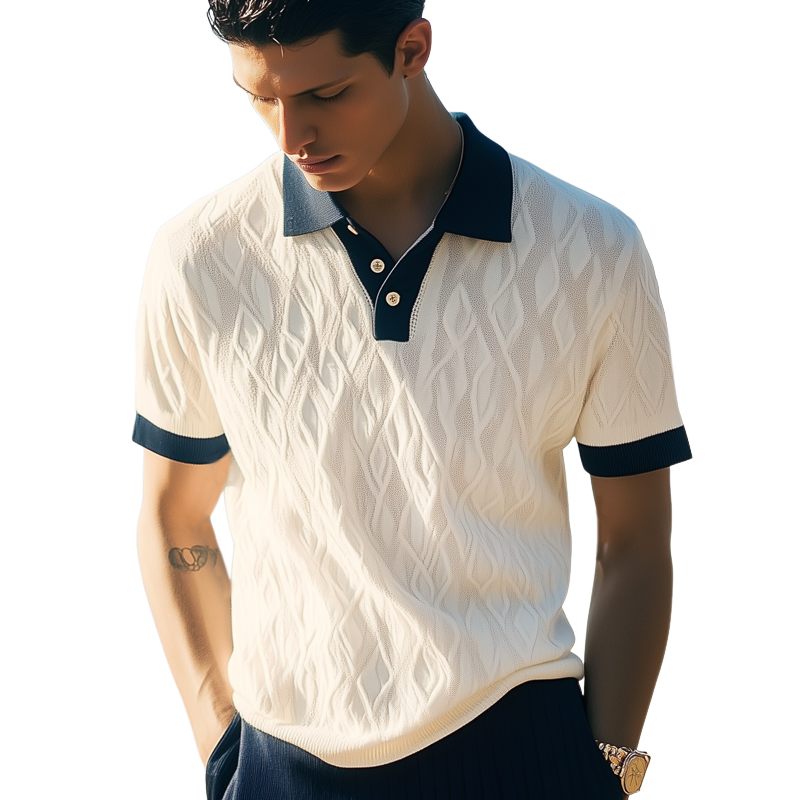 Men's Summer Classic Jacquard Knit Polo Neck Short Sleeve T-Shirt MTA0232G9U