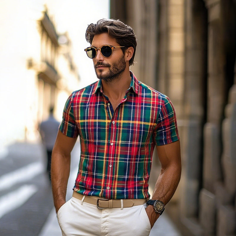 Men's Plaid Lapel Short Sleeve Casual Shirt MTA1375F5Z