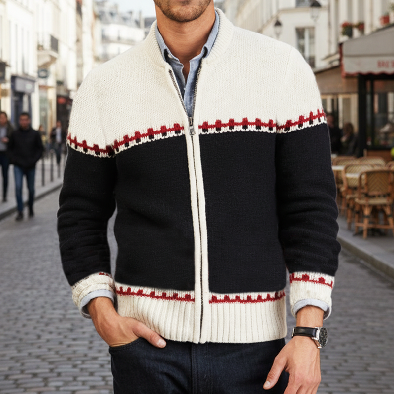 Men's Retro Colorblock Zipper Slim Fit Knit Cardigan MTA0962J4U
