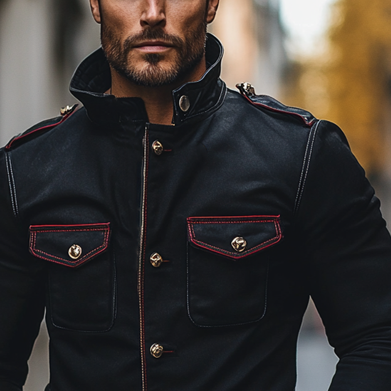 Men's Cotton Blend Contrast Color Stand Collar Multi-pocket Slim Fit Jacket MTA1836H5X