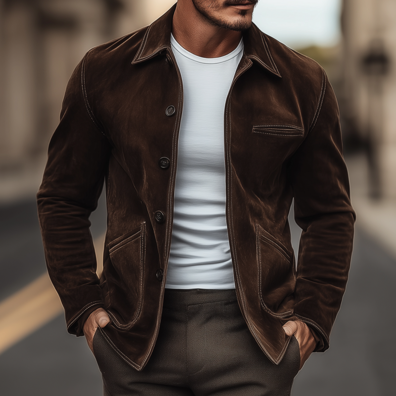 Men's Vintage Casual Solid Color Faux Suede Lapel Single Breasted Slim Fit Jacket MTA1203H8M