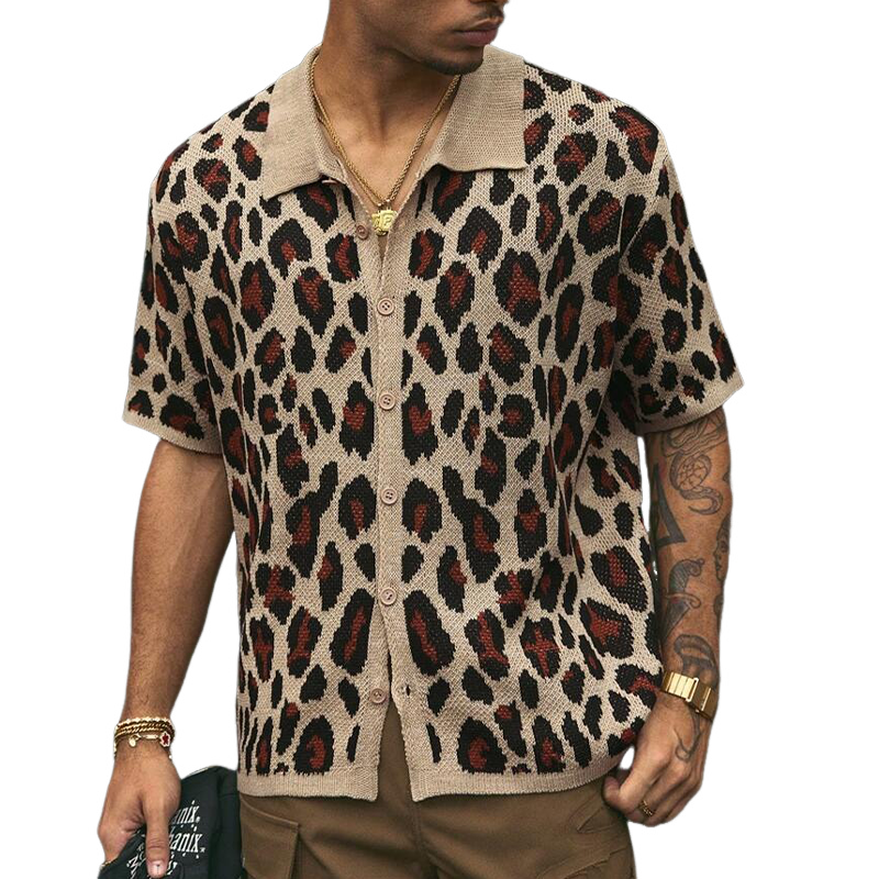 Men's Leopard Jacquard Knit Lapel Single Breasted Shirt MTA2689F2X