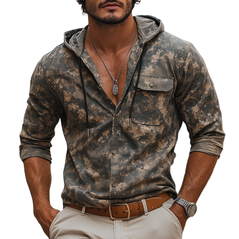 Men's Camouflage Hooded Chest Pocket Long Sleeve Shirt MTA0817H9Z