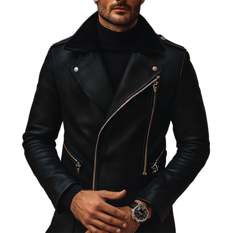 Men's Solid Color Slim Fit PU Zipper Motorcycle Jacket MTA2864K7X