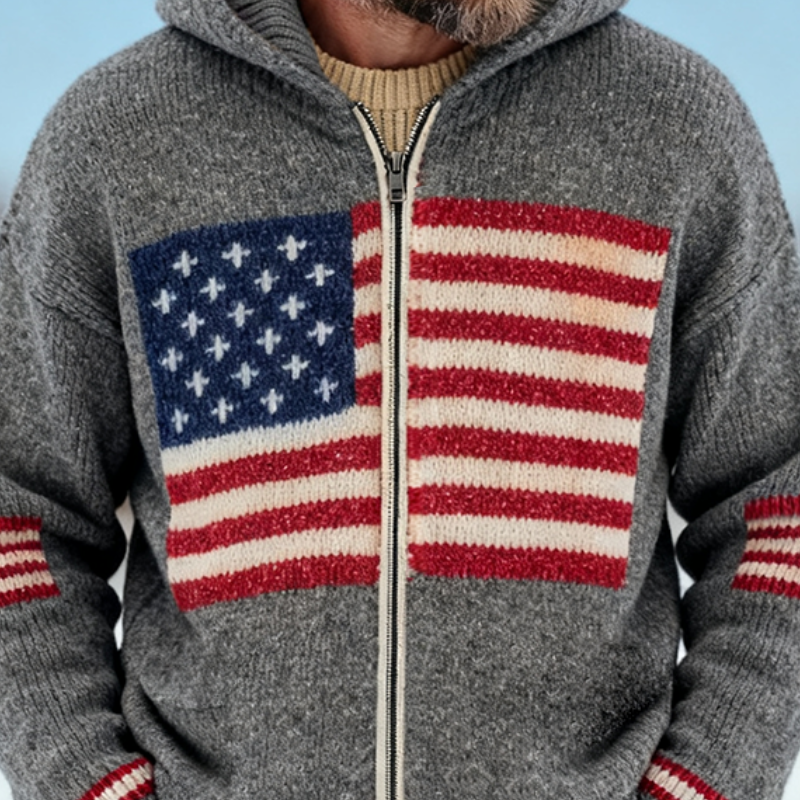Men's Vintage Casual Knit American Flag Hooded Zip-Up Cardigan Jacket MTA1645J6TO