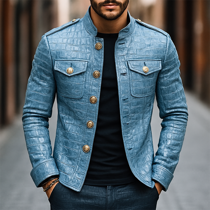 Men's Retro Casual Crocodile Pattern PU Stand Collar Leather Jacket MTA2605H2TO