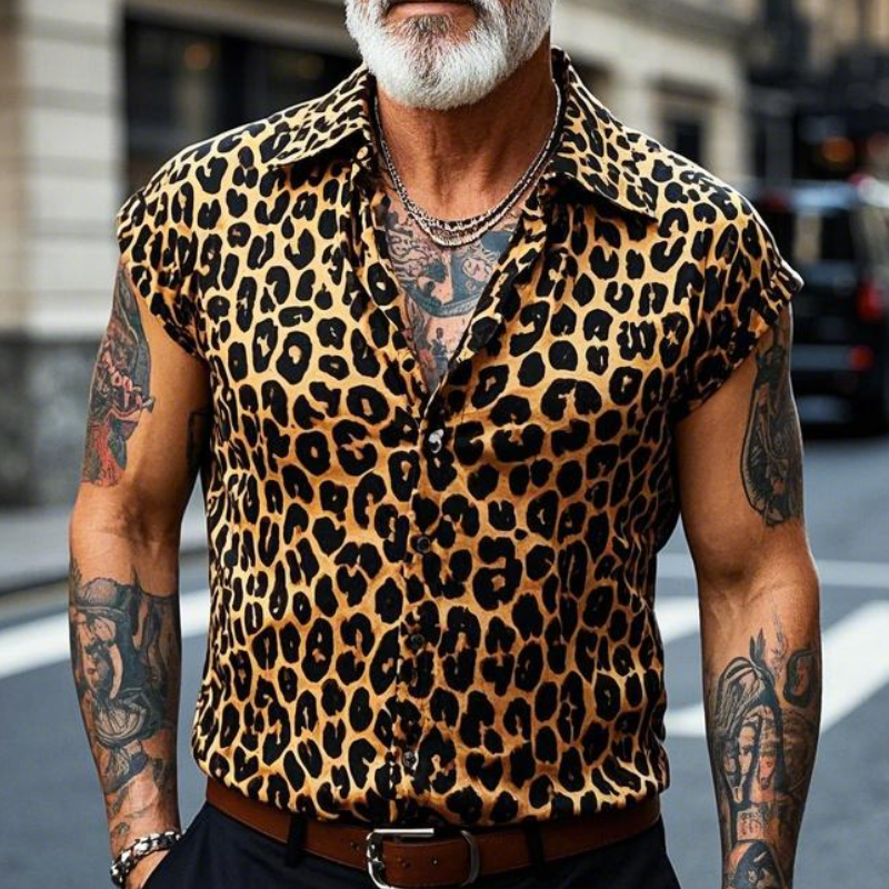 Men's Vintage Casual Lapel Cotton Blend Leopard Print Short Sleeve Shirt 56911046F