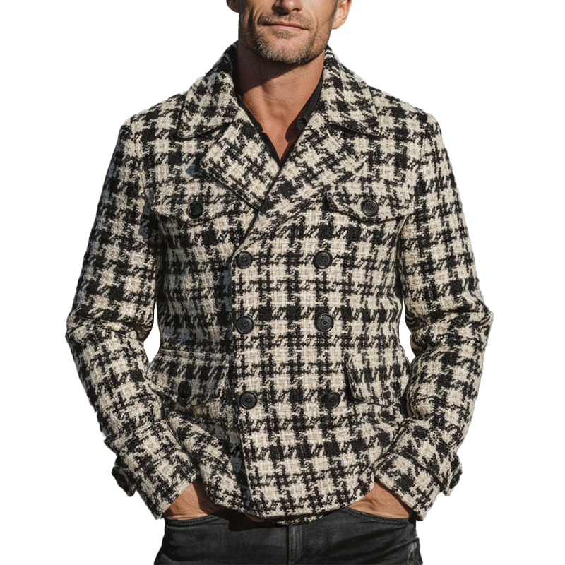 Men's Winter Fashion Plaid Tweed Double-breasted Lapel Short Coat MTA2687I4P