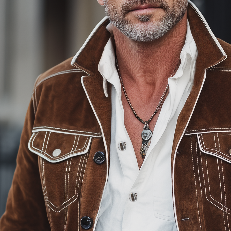 Men's Vintage Lapel Button White Trim Suede Jacket MTA1687H0U