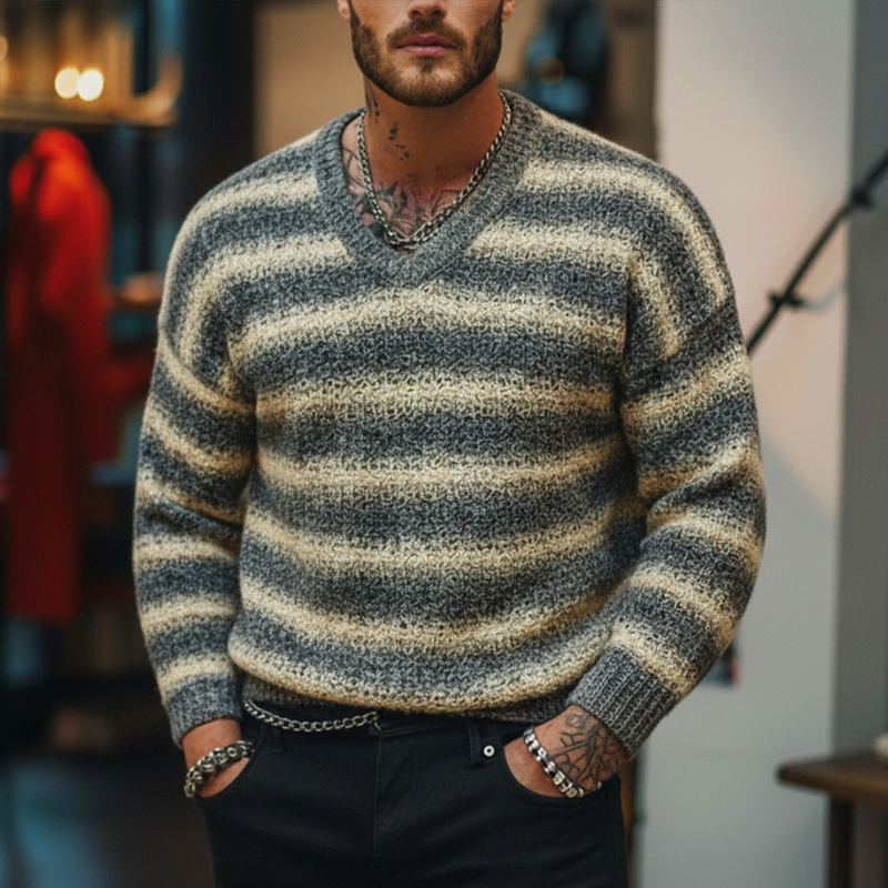 Men's Fashion Striped Polyester Faux Wool V-Neck Slim Fit Sweatshirt MTA1741J3P