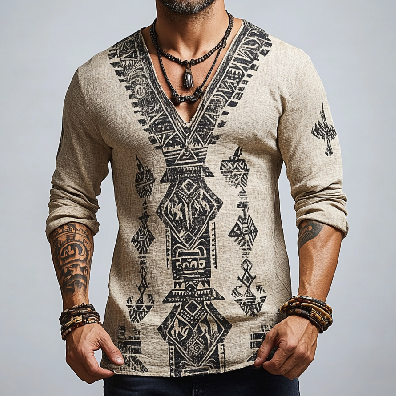 Men's Casual Street V-neck Cotton and Linen Printed Long-sleeved T-shirt 92555367F