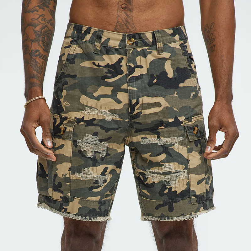 Men's Spring And Summer Classic Casual Camouflage Cotton Blended Raw Edge Multi-Pocket Cargo Shorts MTA0923G7K