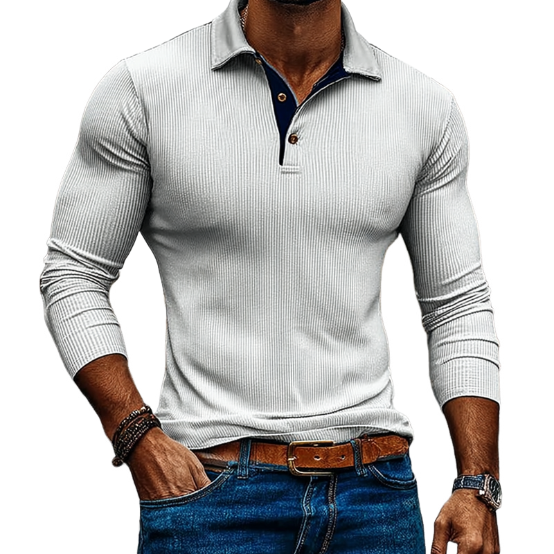 Men's Contrasting Color Slim Fit Knitted Striped Long-sleeved POLO Shirt MTA2246J1X