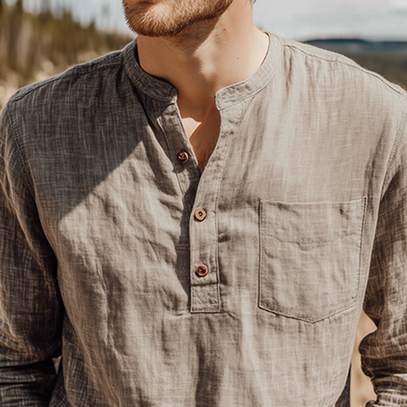 Men's Spring And Summer Classic Casual Henley Collar Cotton And Linen Loose Long Sleeve T-Shirt MTA1127G0K