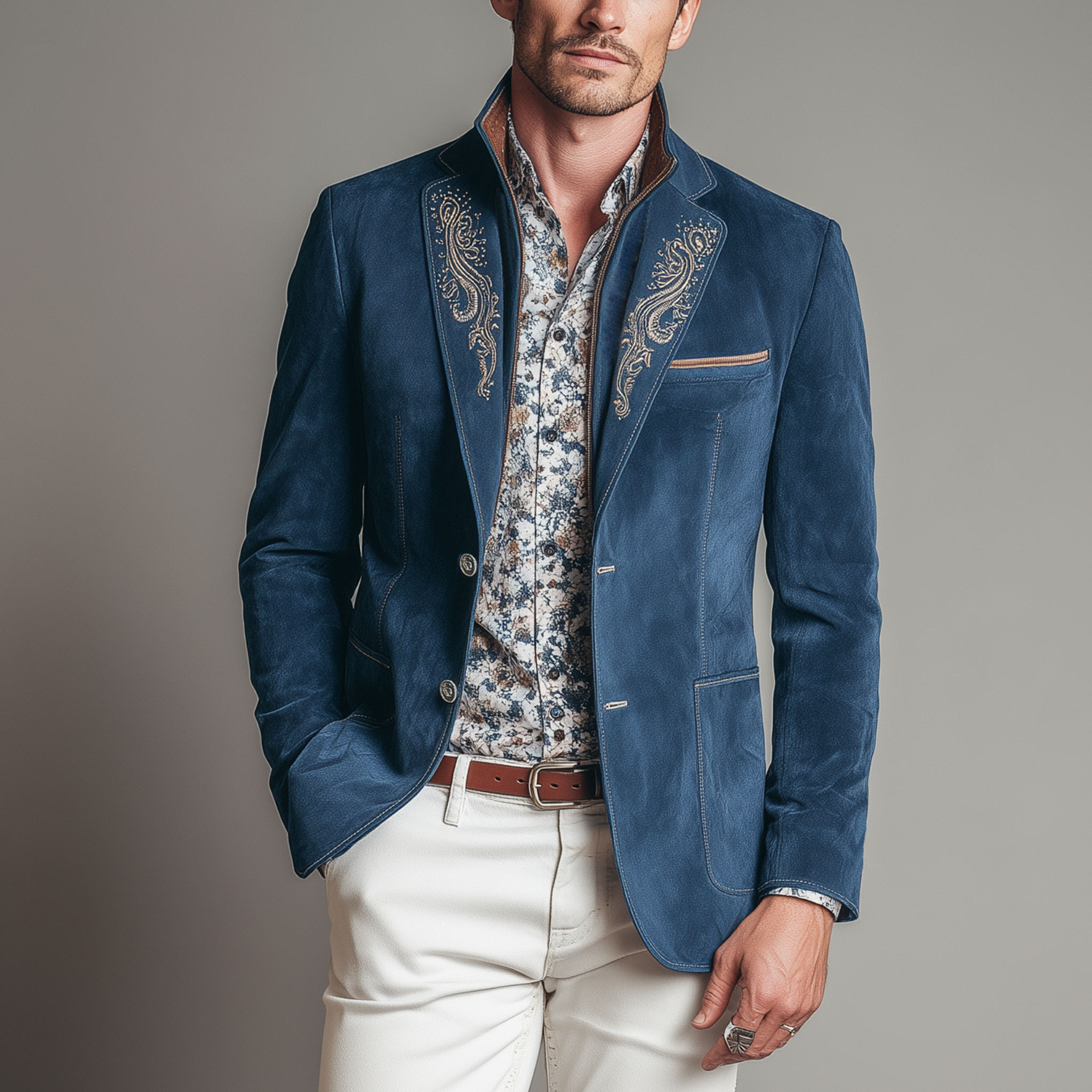 Men's Classic American Retro Embroidered Suede Patchwork Stand Collar Jacket Style Blazer MTA1851H0K