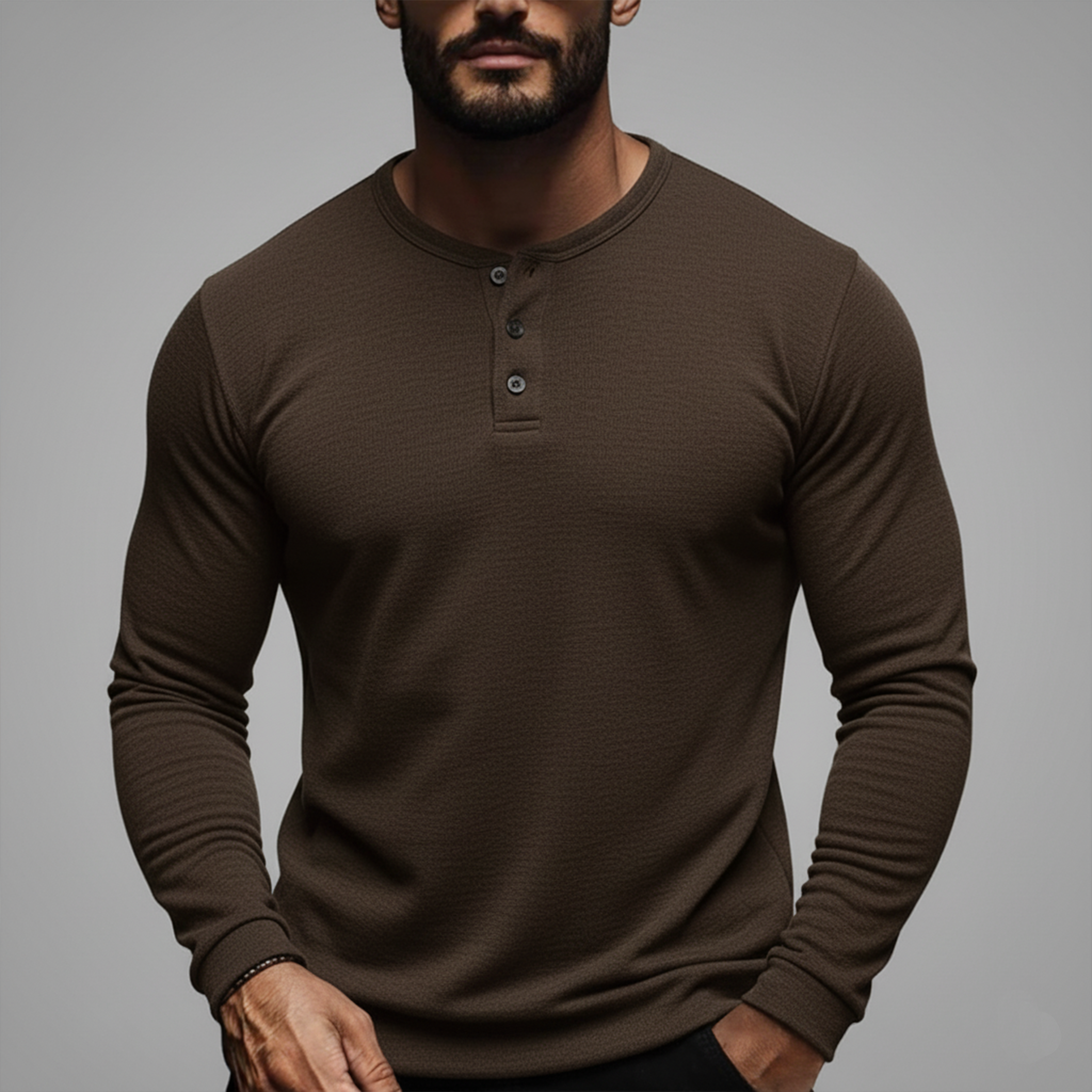 Men's Classic Casual Tough Guy Style Dralon Warm Skin-friendly Henry Collar Slim Long Sleeve T-shirt MTA2354J0K