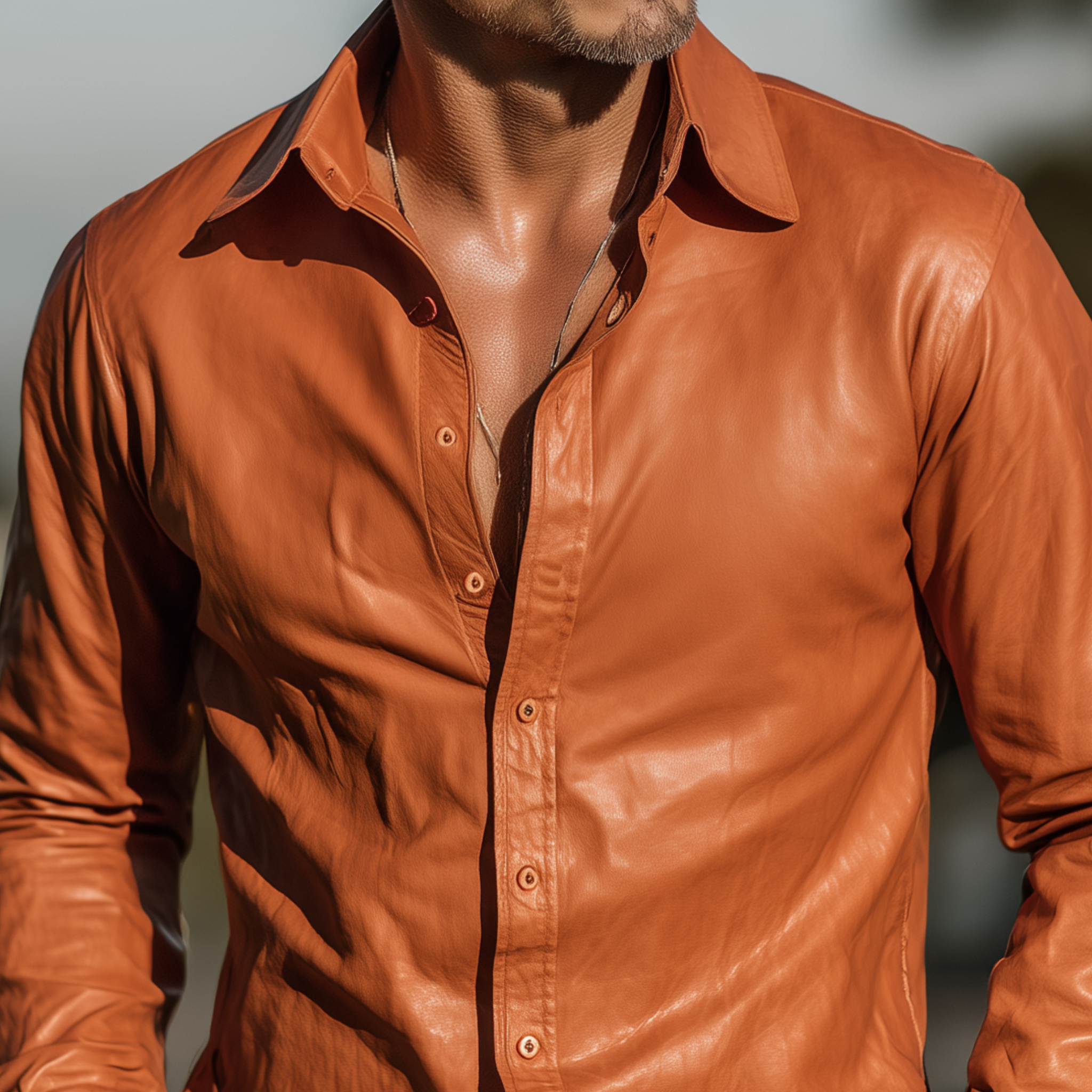 Men's Classic Casual Solid Color PU Leather Slim Long Sleeve Shirt MTA1502H7K