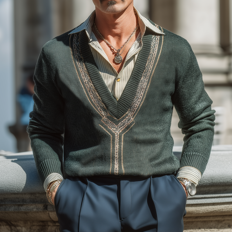 Men's Vintage V-Neck Forest Green Jacquard Knit Pullover Sweater MTA1301I8U