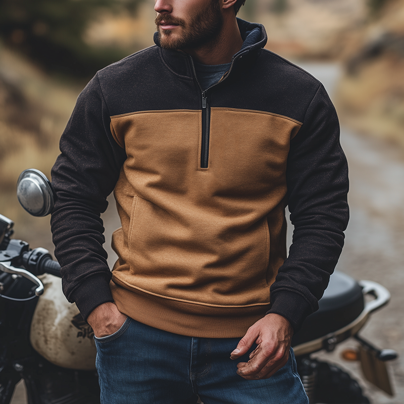 Men's Retro Cotton Blend Color Block Patchwork Half-Zip High Neck Sweatshirt MTA2901J4P