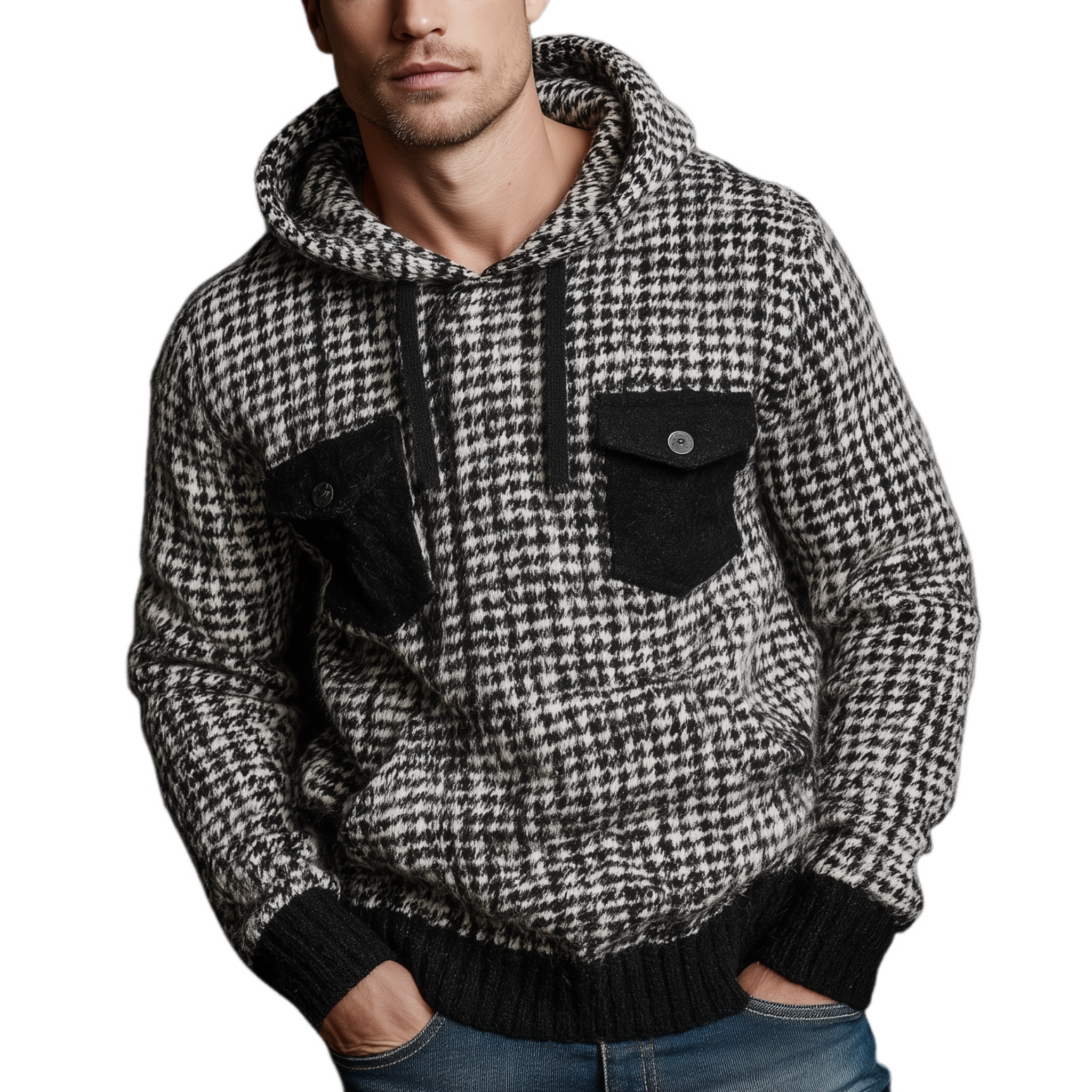 Men's Classic Casual Houndstooth Hooded Loose Sweater MTA1070J8K