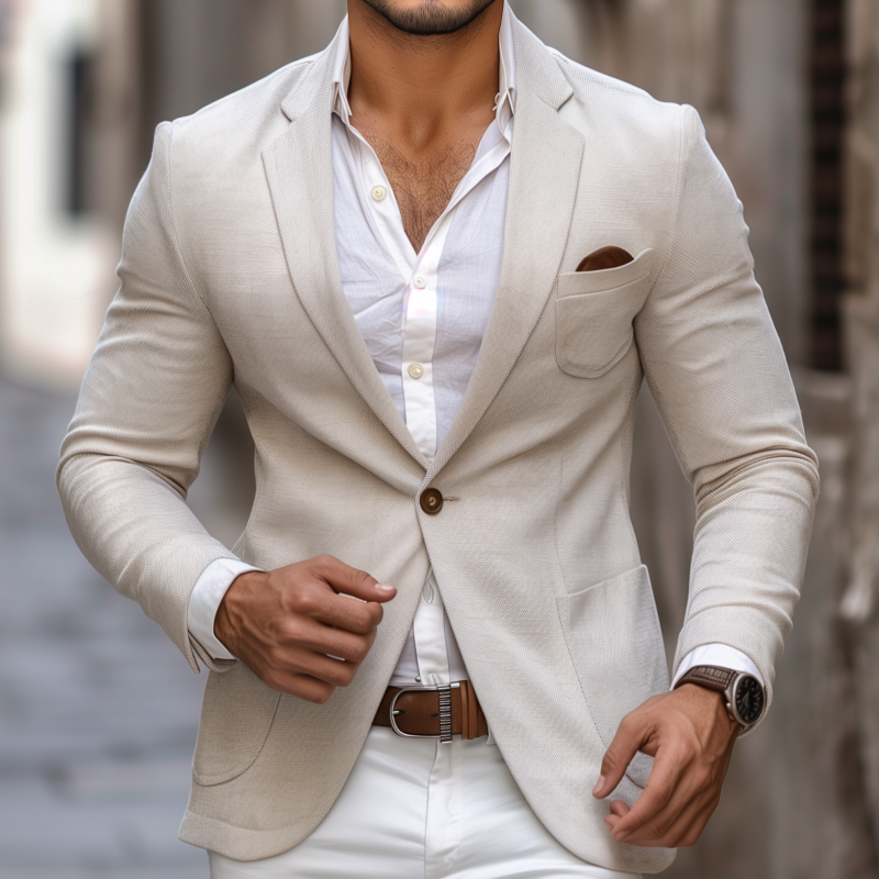 Men's Casual Solid Color Cotton Linen Blend Notch Lapel Single-breasted Slim-fit Blazer MTA2820G9M