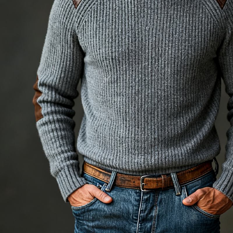 Men's Retro Knitted Crew Neck PU Pullover Sweater MTA2289J4X