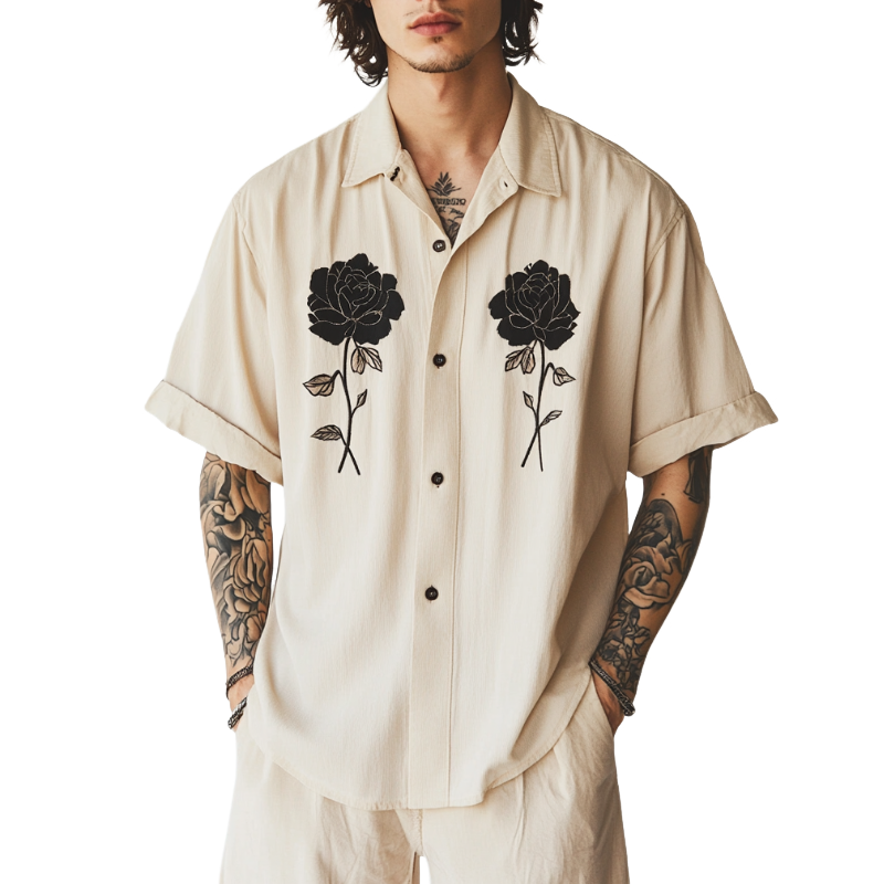 Men's Casual Cotton Linen Rose Embroidery Lapel Loose Short Sleeve Shirt 85598724M