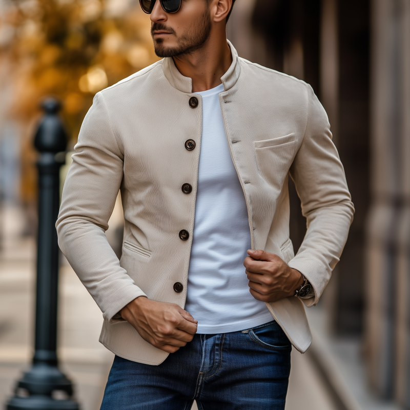 Men's Casual Solid Color Corduroy Stand Collar Single-breasted Slim Short Blazer MTA3075G7M