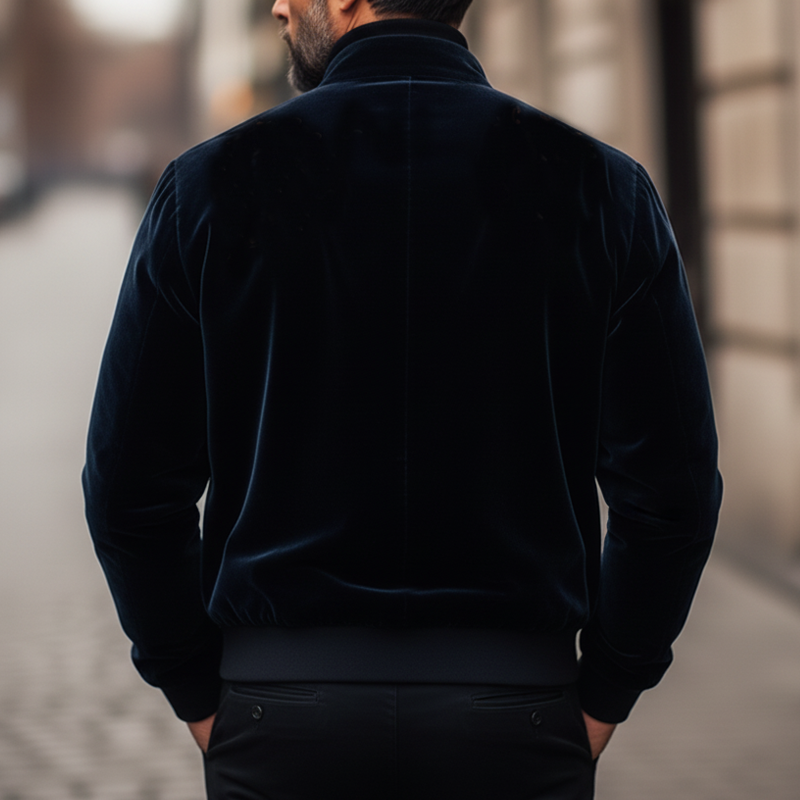 Men's Retro Navy Blue Floral Embroidered Stand Collar Velvet Jacket MTA0869L0U