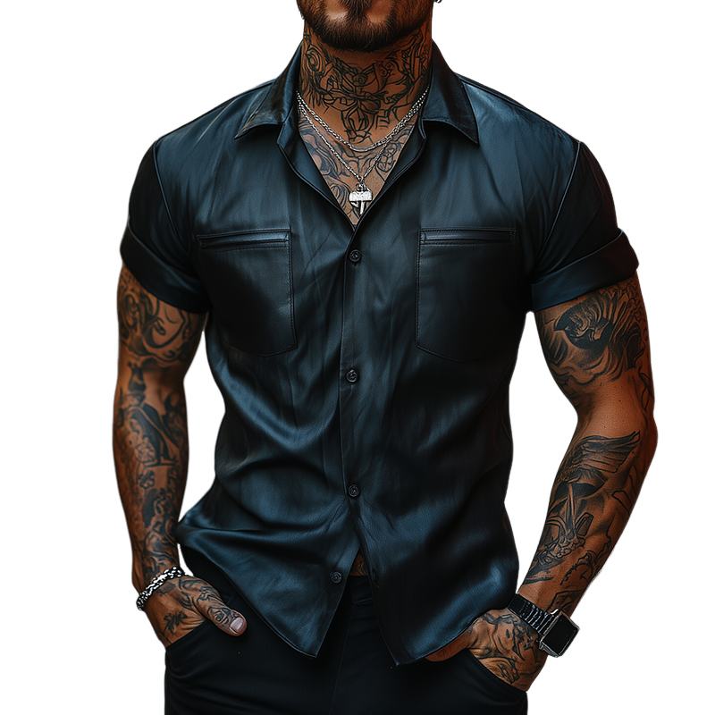 Men's Vintage Leather Lapel Short Sleeve Shirt MTA2630F3TO