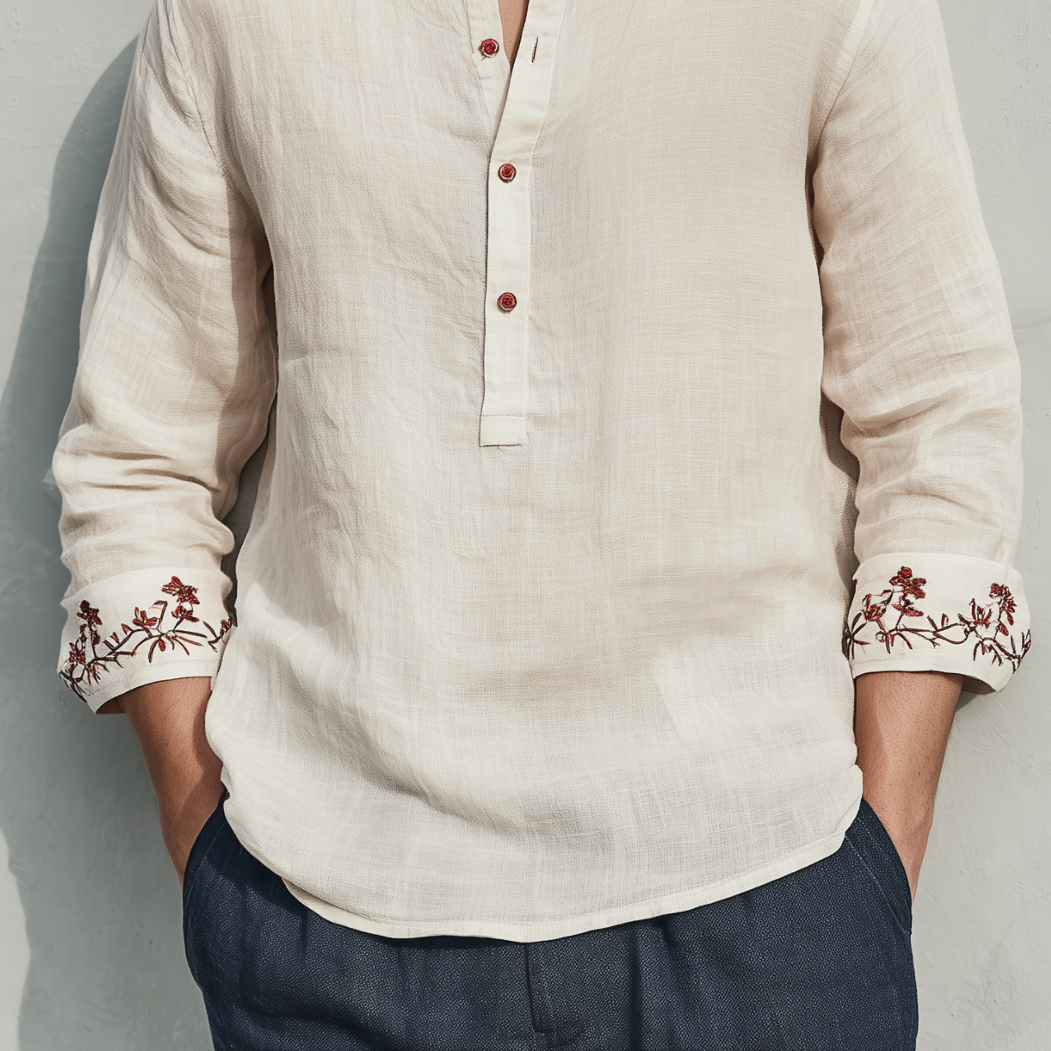 Men's Classic Casual Henley Collar Cotton And Linen Cuff Embroidery Loose Long Sleeve Shirt MTA2308G1K