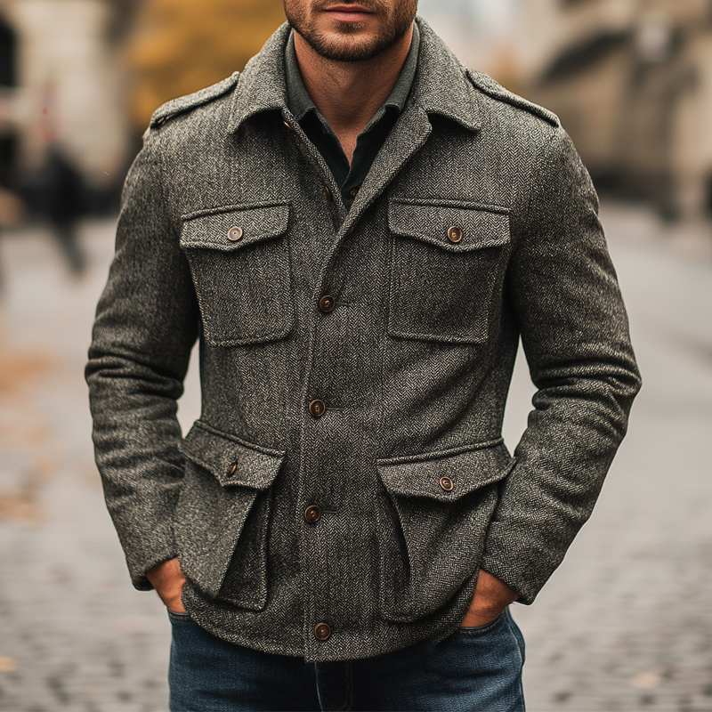 Men's Retro Dark Gray Multi-Pocket Faux Wool Button Jacket MTA0333K8U