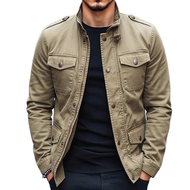 Men's Retro Casual Cotton Washed Wear-resistant Multi-pocket Workwear Stand Collar Jacket MTA2495I9TO