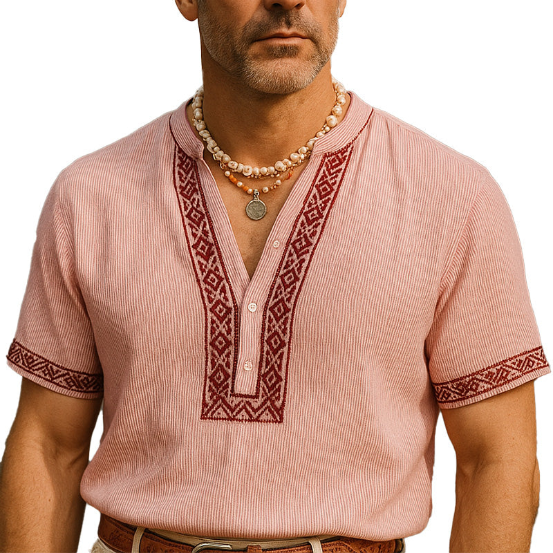 Men's Summer Fashion Elegant Embroidered Linen Blend Short Sleeve Shirt MTA2384E0P