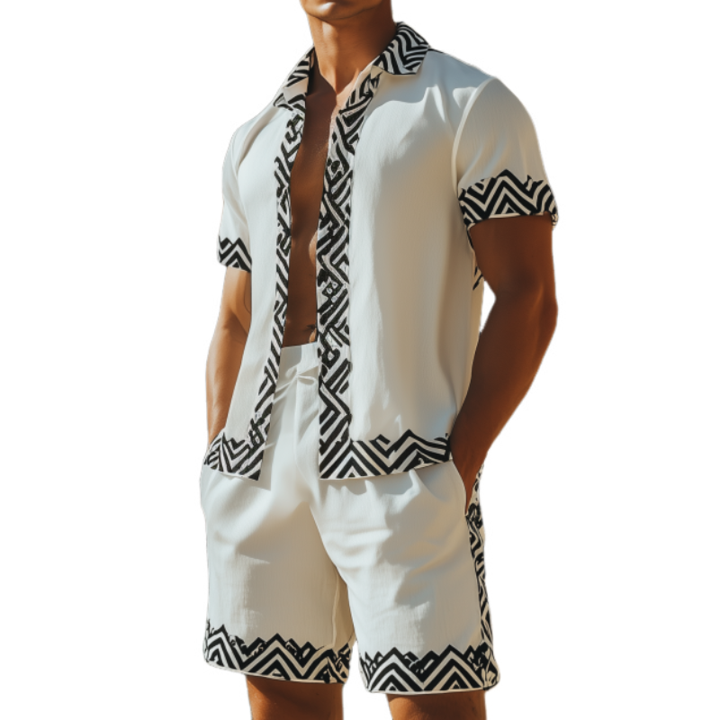 Men's Fashion Spring Summer Casual Printed Short Sleeve Shirt Casual Shorts Set 97232674K