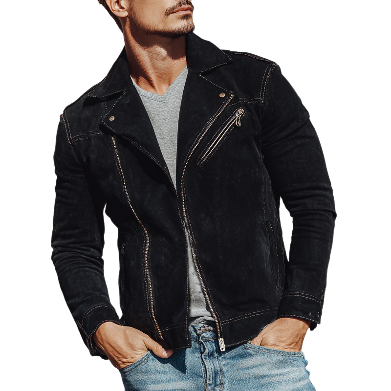Men's Vintage Solid Color Faux Suede Diagonal Zipper Motorcycle Jacket MTA0288H3X