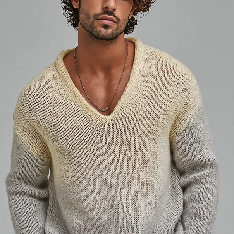 Men's Fashion Gradient V Neck Long Sleeve Loose Sweater MTA2072H4Z