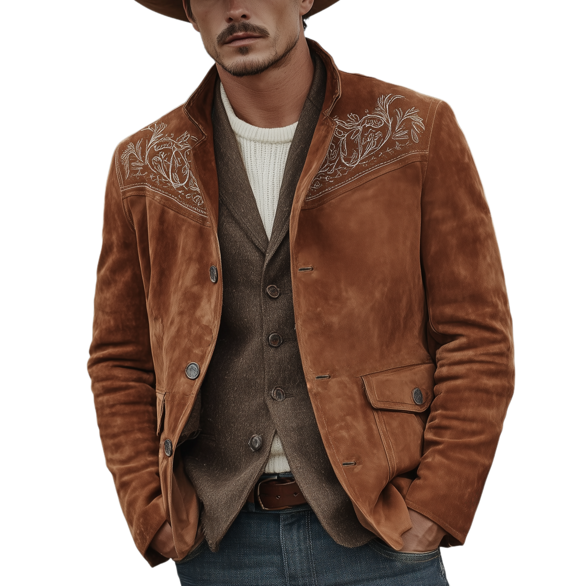 Men's Classic Retro Western Style Embroidered Stand-up Collar Faux Suede Jacket MTA2422K6K