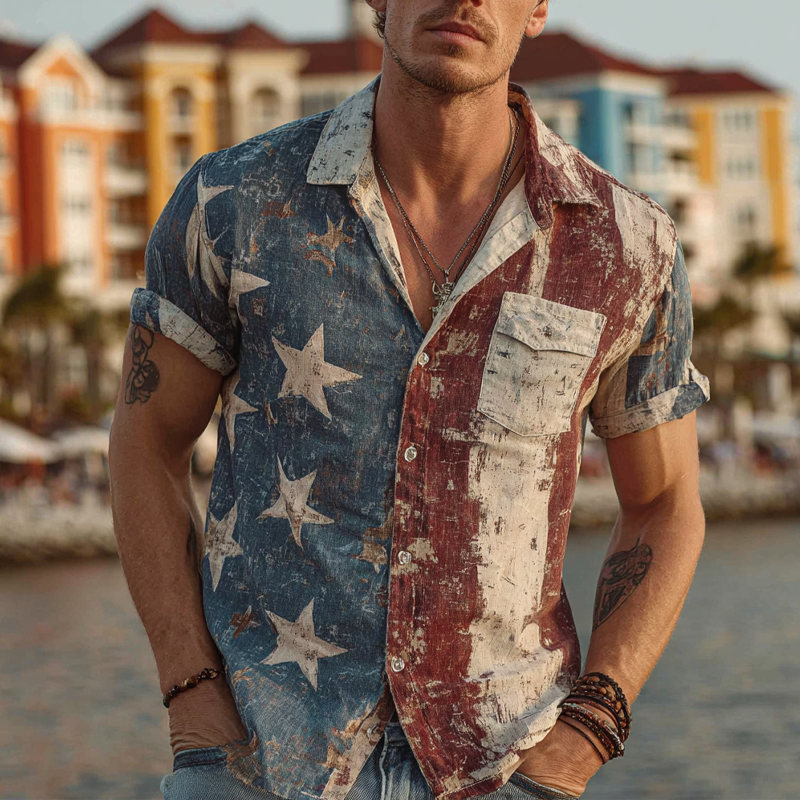 Men's Vintage American Flag Print Short Sleeve Shirt MTA1127G0X