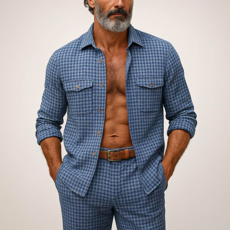 Men's Vintage Cotton Blend Plaid Lapel Chest Pocket Loose Long Sleeve Shirt MTA1293E3M