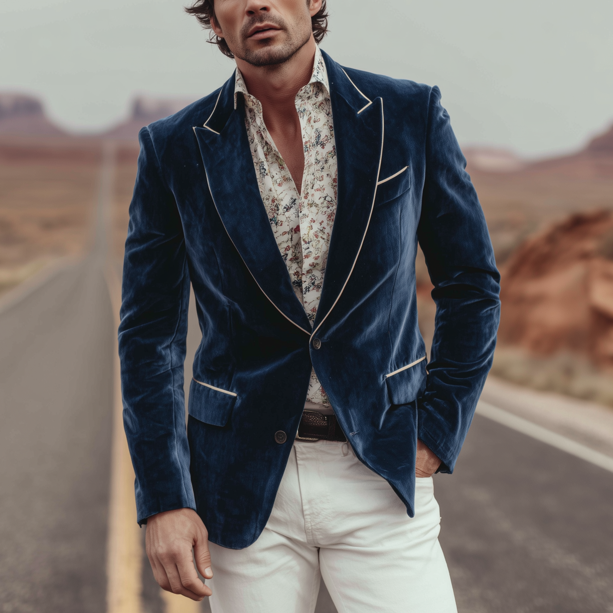 Men's Classic Retro Western Style Velvet Single-breasted Slim-fit Blazer MTA2508H2K