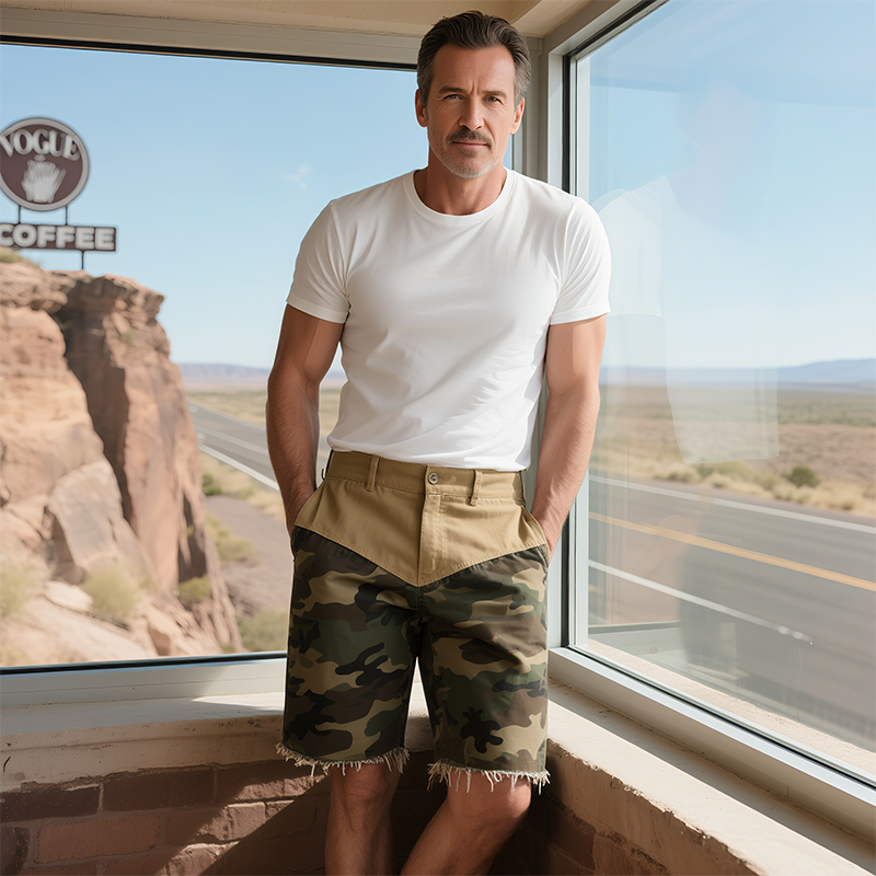 Men's Spring And Summer New American Western Style Cotton Blended Washed Stitching Camouflage Casual Shorts MTA1713F4K