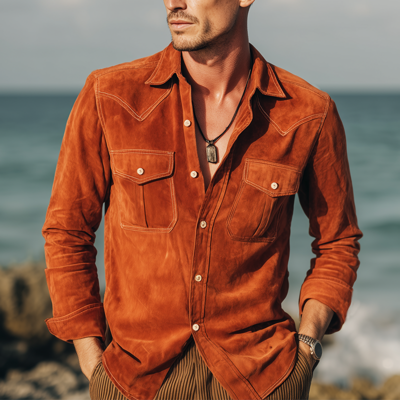 Men's Spring And Autumn Basic Orange Suede Long Sleeve Shirt MTA0470H2U