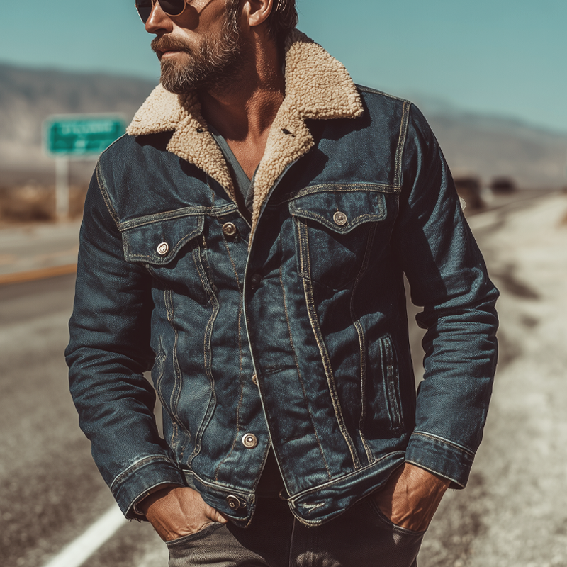 Men's Vintage Denim Patchwork Polar Fleece Lapel Jacket MTA0504H1X