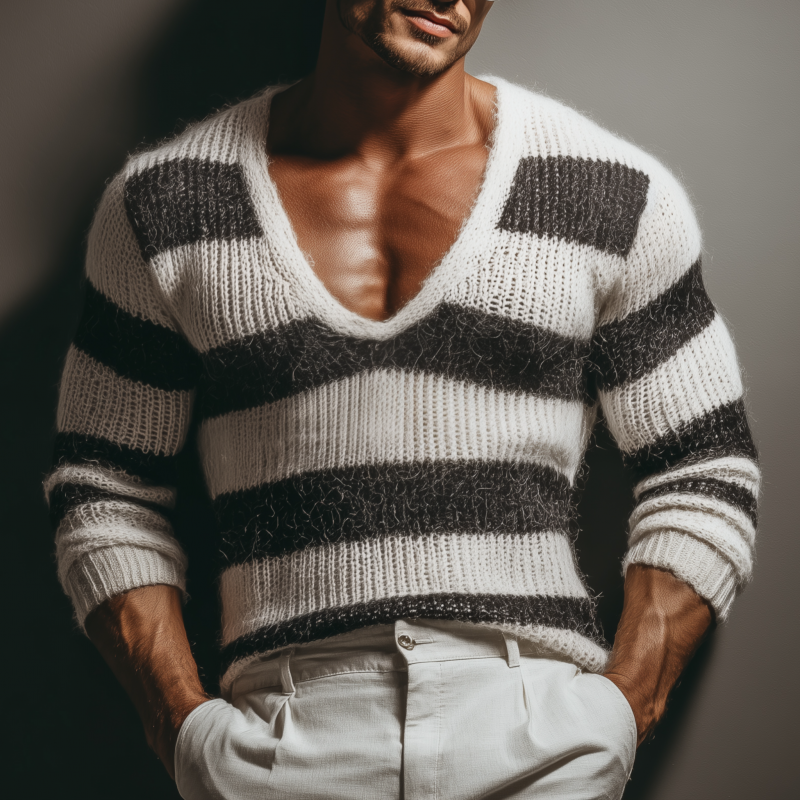 Men's Casual Deep V-neck Contrast Striped Slim Fit Knitted Long-sleeved Sweater MTA3152G3M