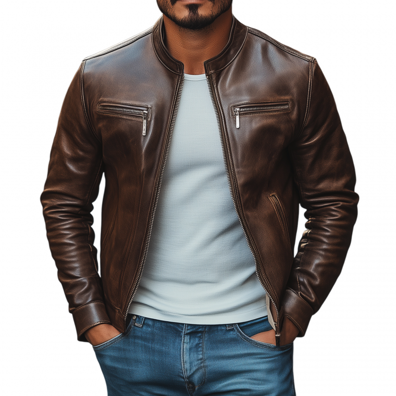 Men's Vintage Western PU Stand Collar Zipper Placket Slim Fit Motorcycle Jacket MTA1445H9M