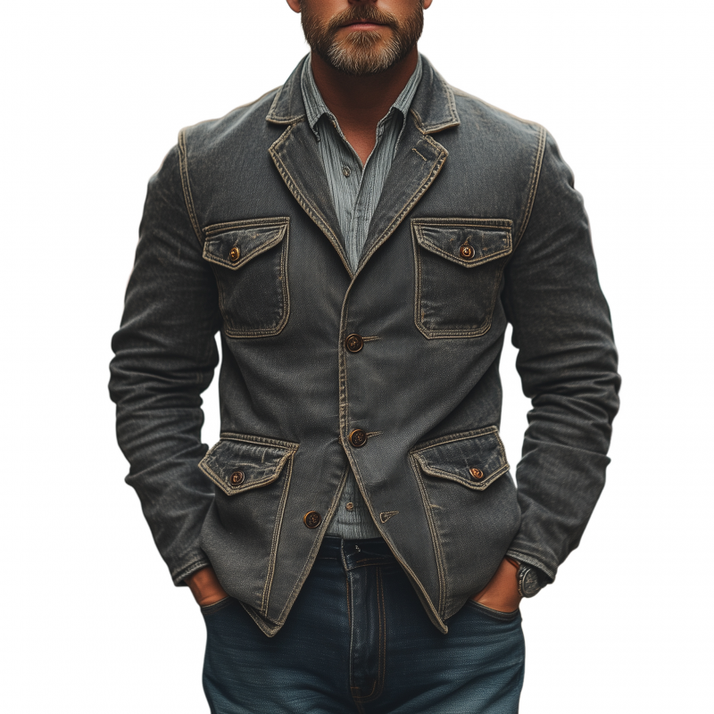 Men's Casual Outdoor Denim Washed Distressed Notch Lapel Single-breasted Multi-pocket Safari Jacket MTA1413H0M