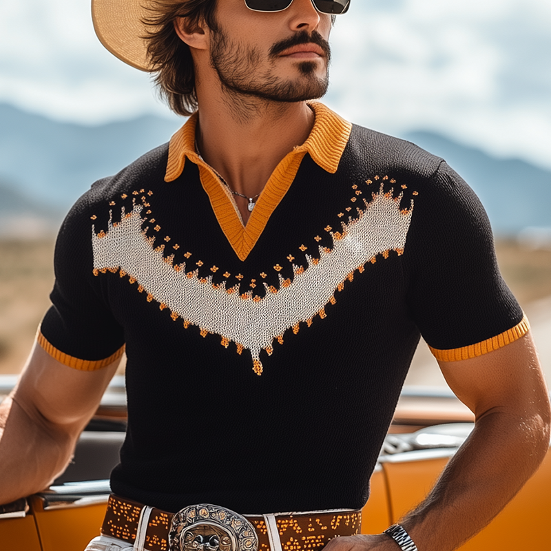 Men's Spring And Summer Fashion Casual Western Cowboy Style Thin Knitted Short-sleeved Polo Shirt MTA1550E1K