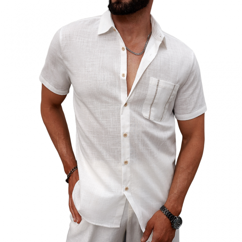 Men's Casual Breathable Linen Lapel Patch Pocket Slim Fit Short Sleeve Shirt MTA2677E4M